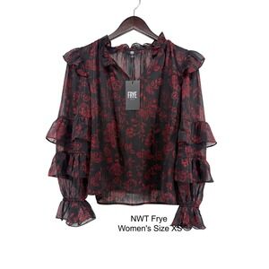 NWT Frye Women's XS Black Red Floral Ruffle Tiered Sleeve Metallic Blouse